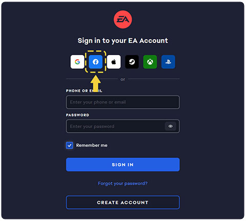 Okno logowania do centrum pomocy EA z przyciskiem logowania na Facebooku obok przycisków innych platform.