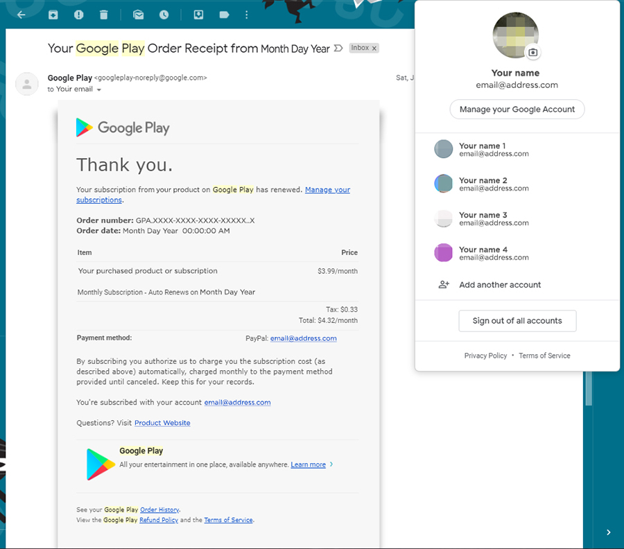 Screenshot of Google Play's emailed receipt and Gmail address profile.