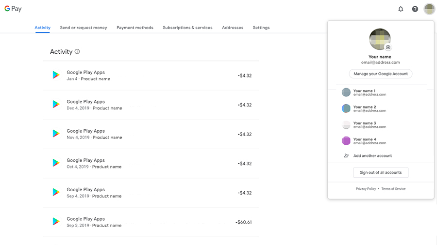 Screenshot of Google Play's Activity page showing all transactions and Gmail address profile.