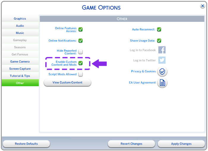 Panel Opciones de juego, donde puedes seleccionar Activar contenido personalizado y mods