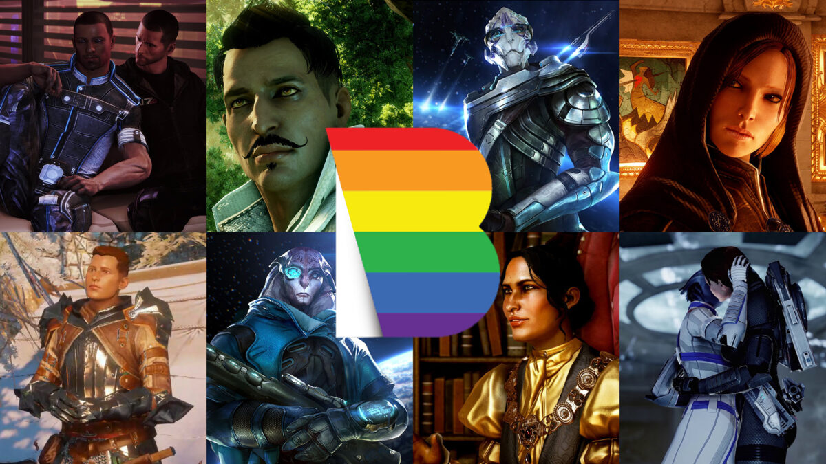 Pride 2022 featuring a number of queer characters from Dragon Age and Mass Effect