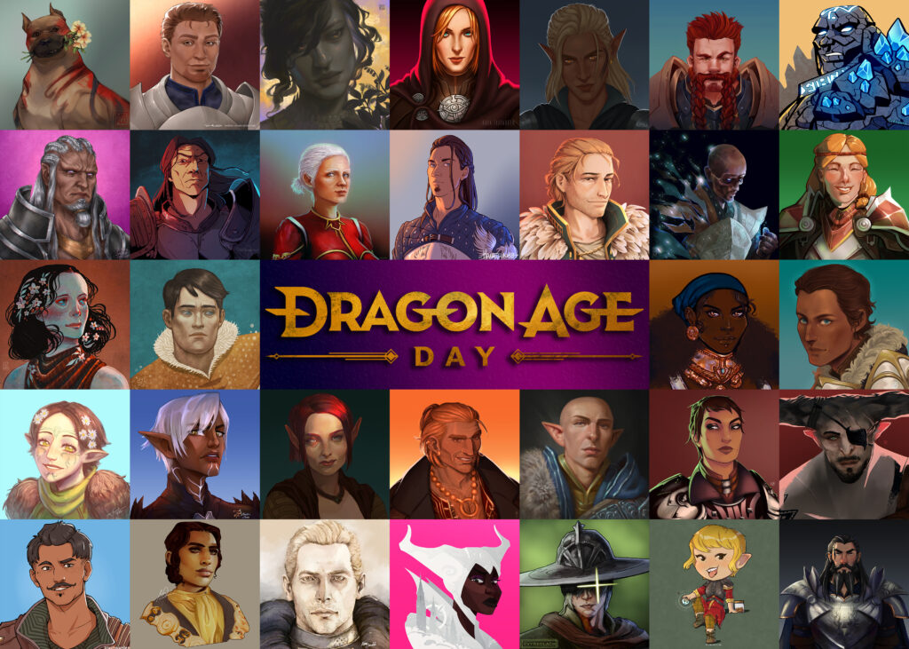 Dragon Age Day 2022 community mosaic. 32 companions created by different artists from across the community.