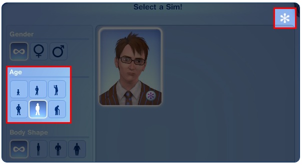 Sims 3 interface with Sim Age buttons highlighted.