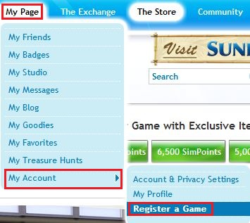 Screenshot of The Sims 3 website, with the My Account option listed under My Page.