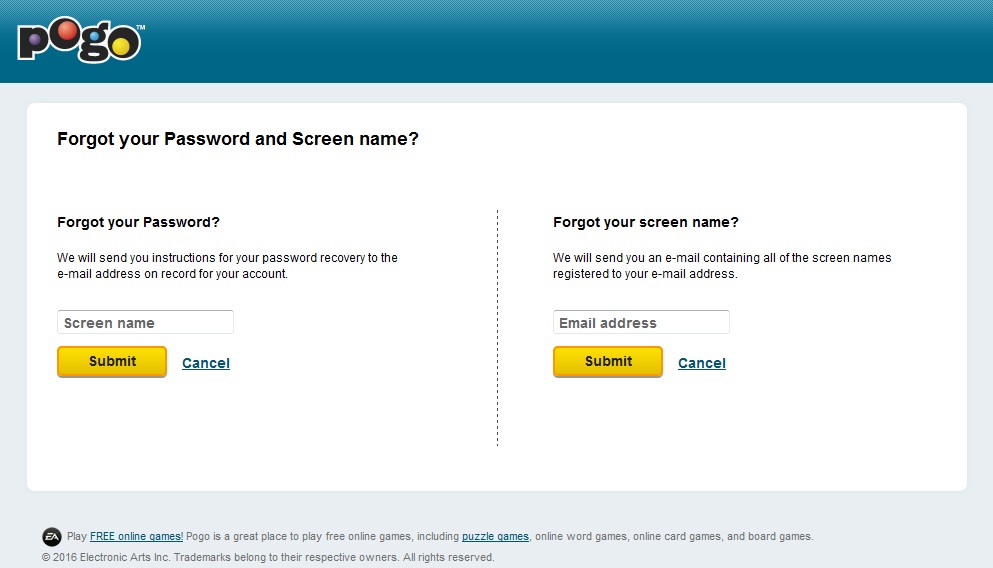 Screenshot of Forgot password or screen name page. Request password on the left, screen name on the right.
