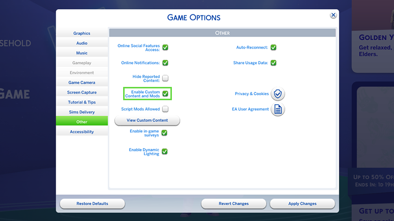 Menyn Spelalternativ i The Sims 4, en grön ruta markerar var du kan ställa in moddar som på och av.
