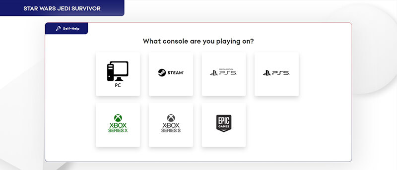 The 'What console are you playing on?' window, which contains 7 options PC, Steam, PS5 Digital Edition, PS5, Xbox Series X, Xbox Series S and Epic Games.