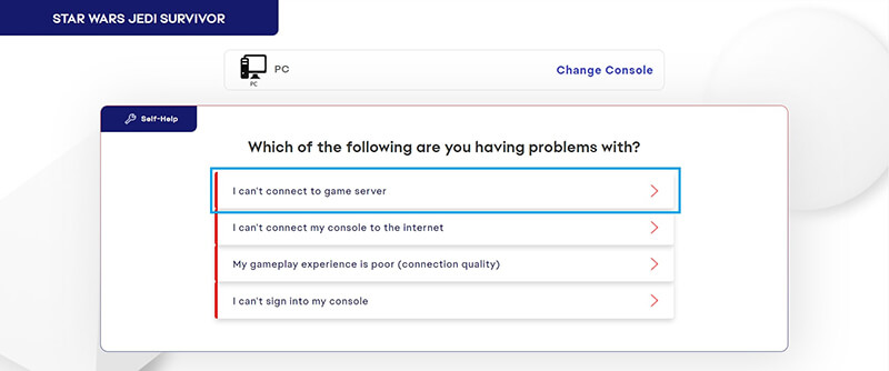 The 'Which of the following are you having problems with?' window. The option 'I can't connect to game server' is highlighted.