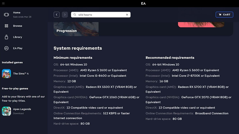 The EA app's system requirements section with a list of a game's minimum and recommended requirements.