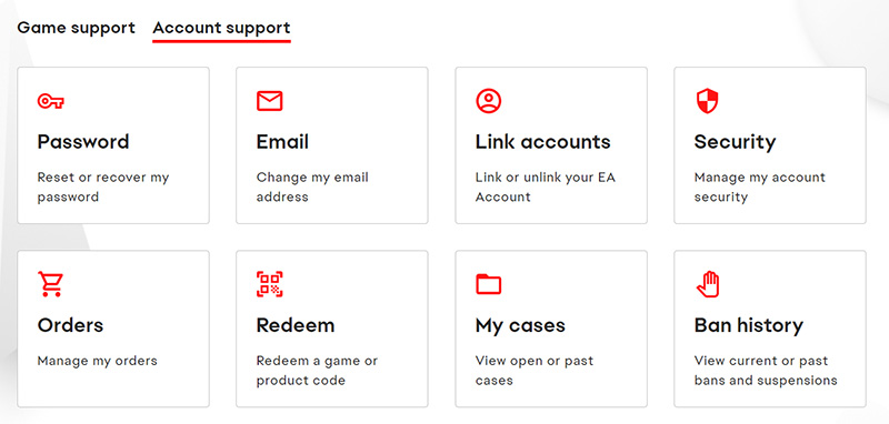 The Account Support help page, which shows options to reset or recover my password, change my email address, link or unlink my EA account, manage my account security, manage my orders, redeem a game or product code, view open or past cases and view current or past bans and suspensions.