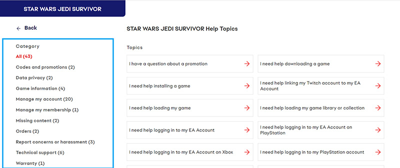 All help topics for STAR WARS Jedi Survivor. The topic categories are highlighted.