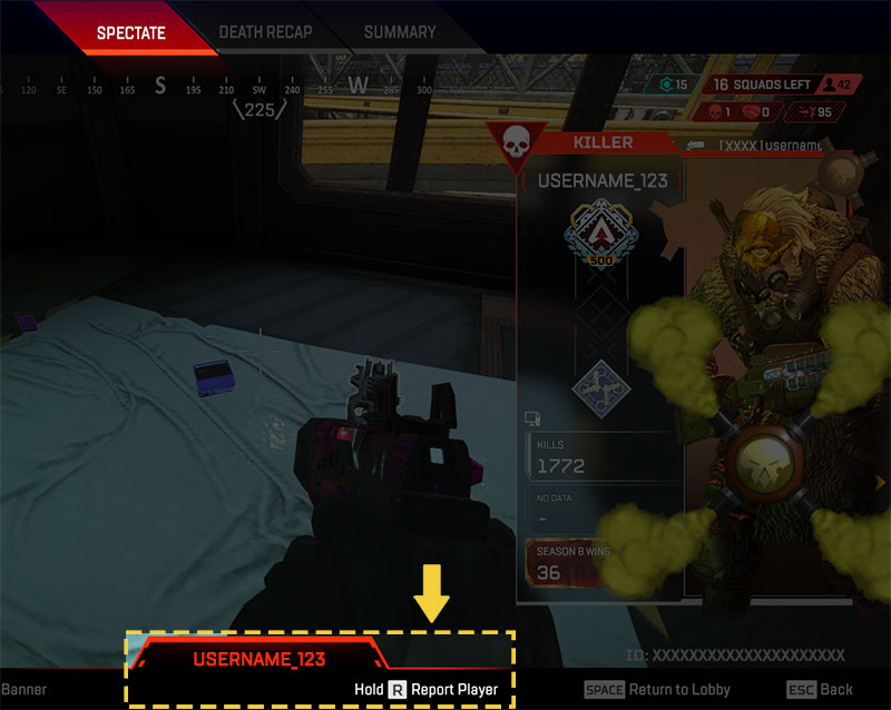 Rapporteer speler door R ingedrukt te houden tijdens de toeschouwer-modus.