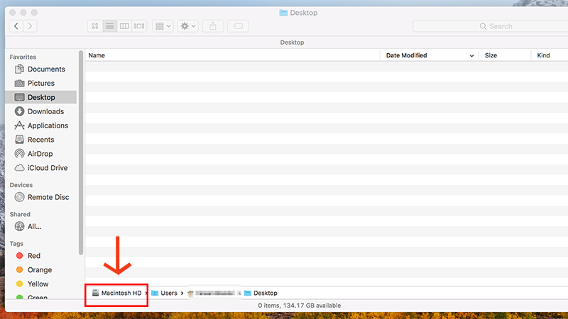 Finder window on Mac showing how to find Macintosh HD folder.