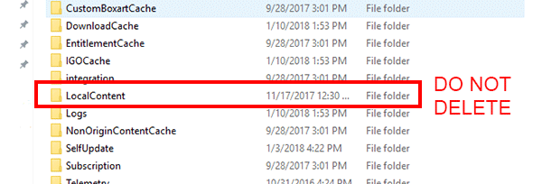 Origin folder with LocalContent folder highlighted. Do not delete this folder.