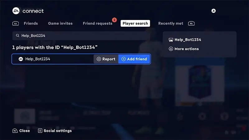 Blue box highlighting the Player ID under EA connect's Player Search button.