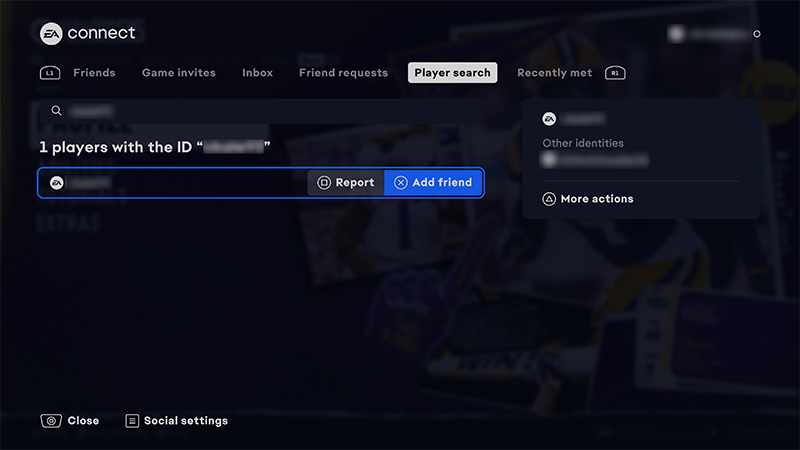 A screenshot of the EA connect Player search tab, highlighting the Add friend button.