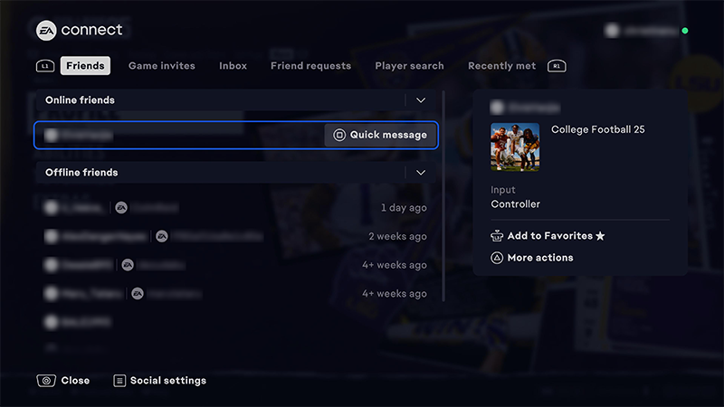 A screenshot of the EA connect Friends tab highlighting the Quick message button.