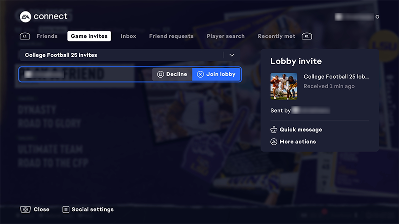 A screenshot of the EA connect Game invites tab highlighting the Join lobby botton.