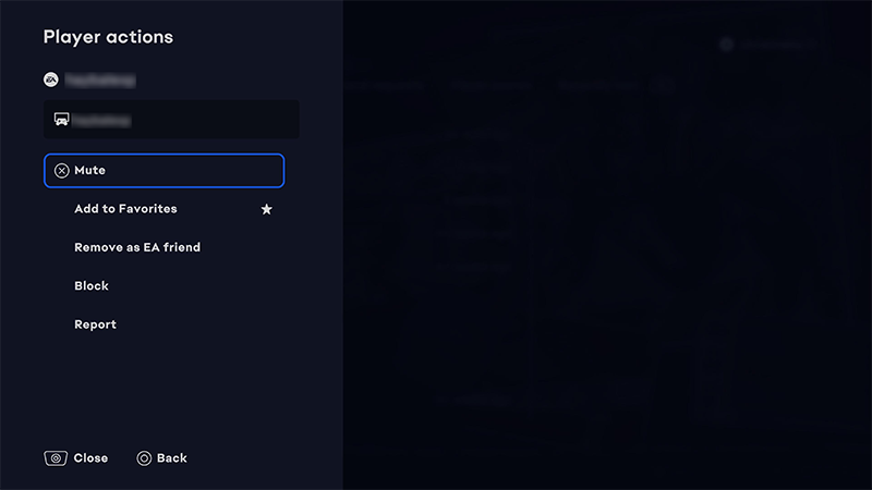 A screenshot of the EA connect Player actions menu highlighting the Mute button.