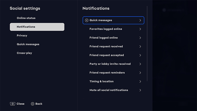 A screenshot of the Ea connect Social settings menu, showing a player's list of Notifications.