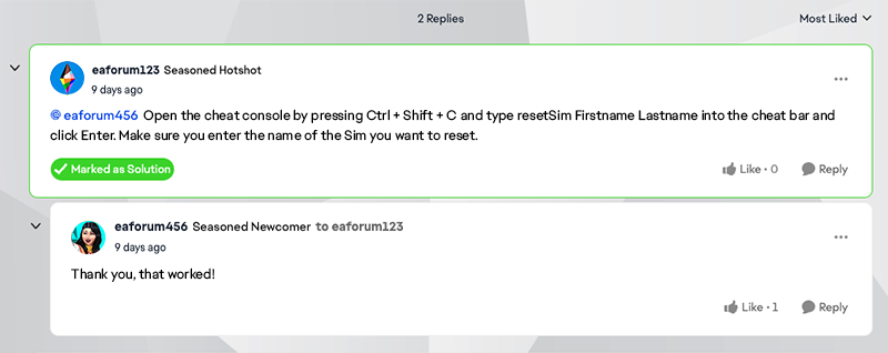 Hilo en los foros de EA con mensajes de otras personas. Un mensaje aparece marcado con una etiqueta verde brillante que dice "Marcado como solución".