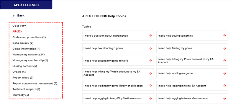 Une ligne corail en pointillés encadrant les différentes catégories de sujets d'assistance pour Apex Legends.