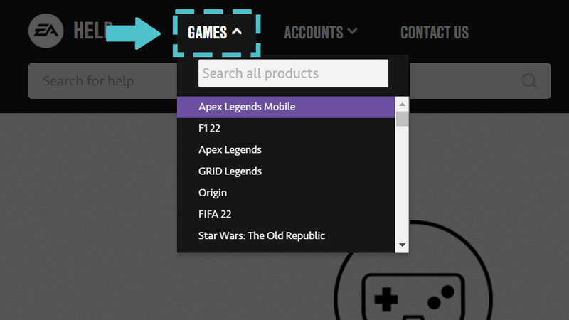Раскрывающееся меню «Игры» в меню навигации Справки EA.