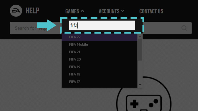 Поле поиска раскрывающегося меню «Игры» на веб-сайте Справки EA.