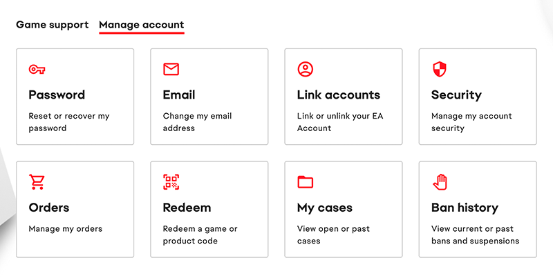 The Manage account help page, which shows options to reset or recover my password, change my email address, link or unlink my EA Account, manage my account security, manage my orders, redeem a game or product code, view open or past cases and view current or past bans and suspensions.