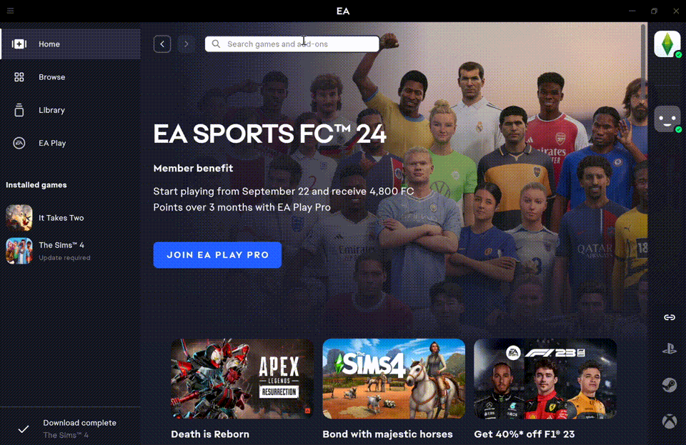 Ein GIF, das zeigt, wie man in der EA app ein Spiel suchen und die Systemanforderungen nachschlagen kann.