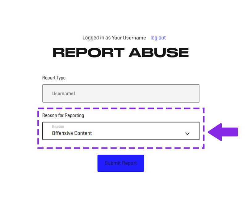 Ventana emergente para informar sobre abusos con el nombre del jugador denunciado, una razón seleccionable y el botón Enviar informe.