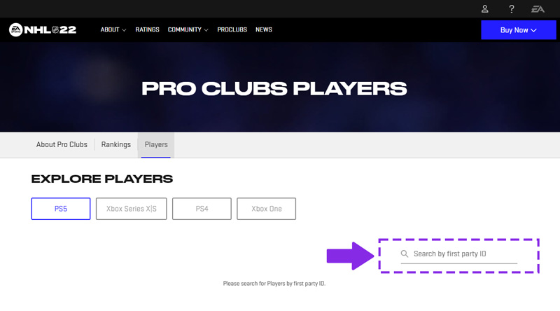 Søk etter førsteparts-ID under Player-fanen (spiller) på NHL Pro Clubs-nettstedet.