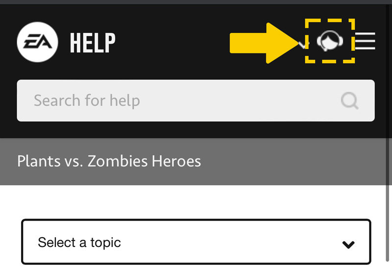 Op de EA Help-pagina zie je een pictogram van een adviseur waarmee je contact kunt opnemen met EA Help om een verzoek aan te maken.