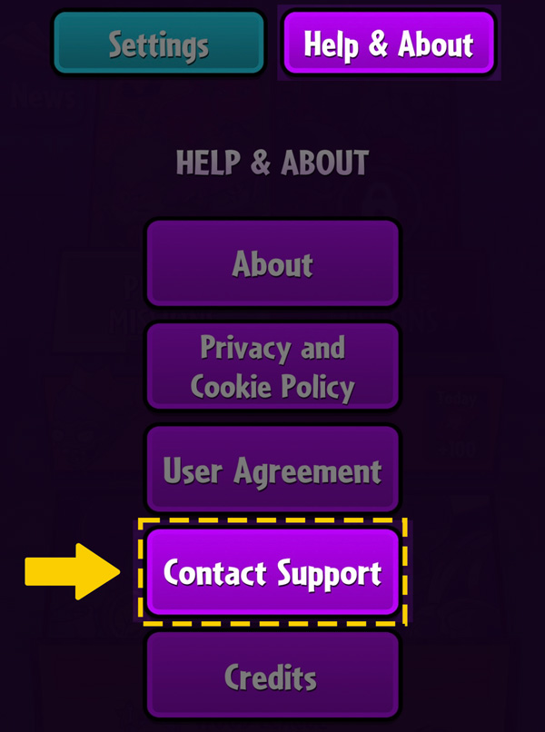 Help (hjelp) og About-menyen (om) med Contact Support-knappen (kontakt kundestøtten).