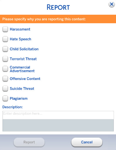 Report options window with selectable types of offensive content and description box.