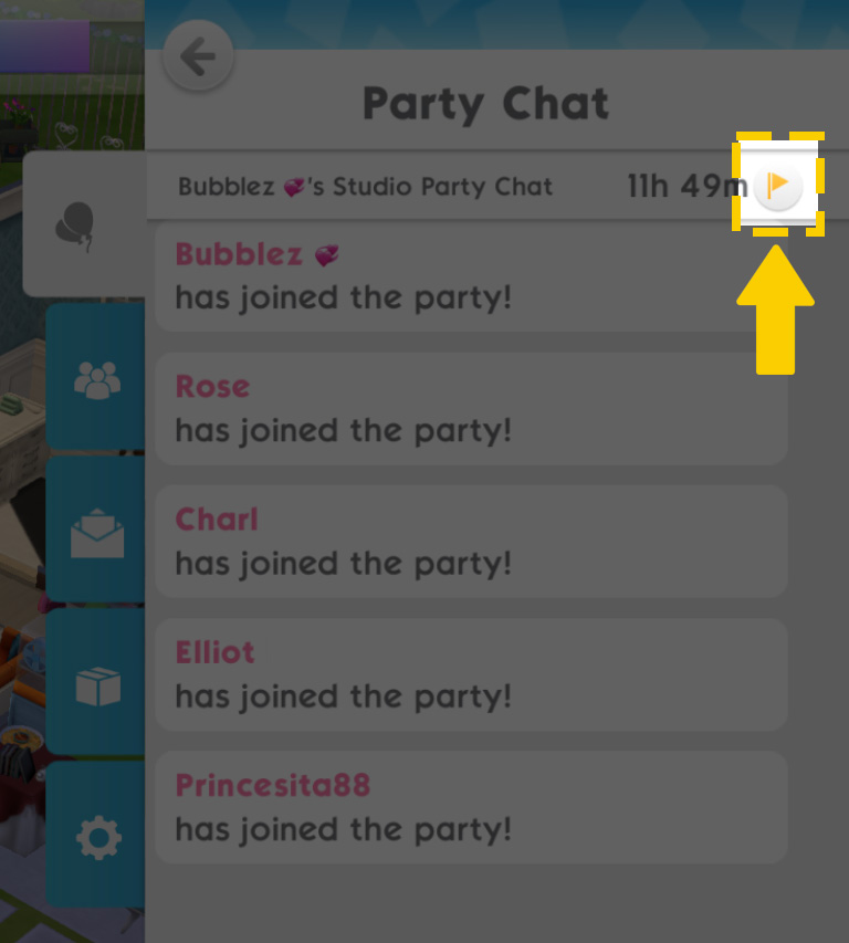 Denunciar um jogador no painel da festa do The Sims Mobile.
