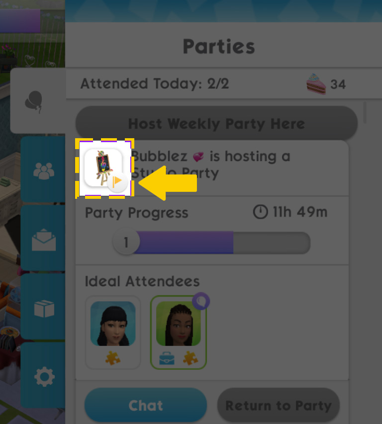 Nahlaste hráče v párty konverzaci hry The Sims Mobile.
