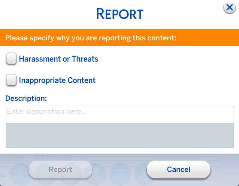 An image demonstrating the process of reporting a player. The available options include reporting for Harassment or Threats, or reporting for Inappropriate Content.