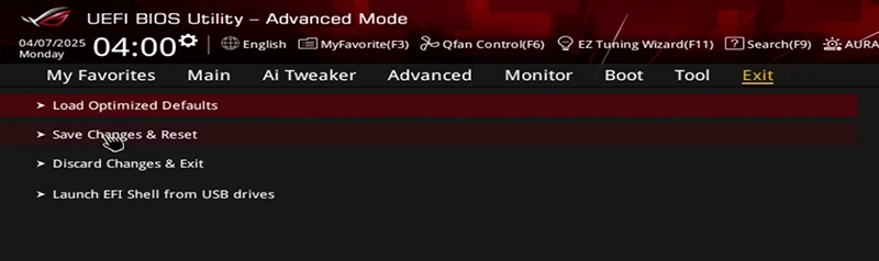 An example of the Exit tab in Advanced Mode of the UEFI BIOS Utility..