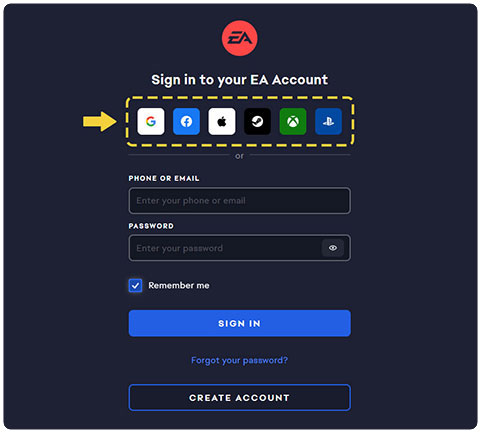 Påloggingsskjermteksten for EA-hjelp vises, med miniatyrbilder for ulike plattformer. Spillere kan logge på ved å velge ett av ikonene, eller ved å skrive inn e-postadressen og passordet for EA-kontoen sin.