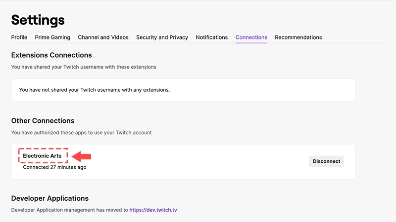 A screenshot of an EA Account linked in the settings of a Twitch account. A bright red arrow points to the Electronic Arts text. A bright red dashed box surrounds the text.