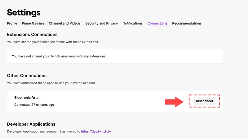 A screenshot of an EA Account linked in the settings of a Twitch account. A bright red arrow points to the Discount button. A bright red dashed box surrounds the button.