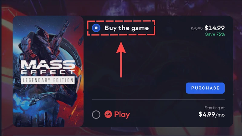 Eine rot gepunktete Linie und ein Pfeil, die auf die „Spiel kaufen“-Schaltfläche im EA app-Store verweisen.