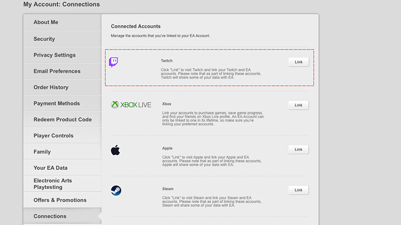 A coral dotted line surrounding the Twitch link button in the EA Account settings.