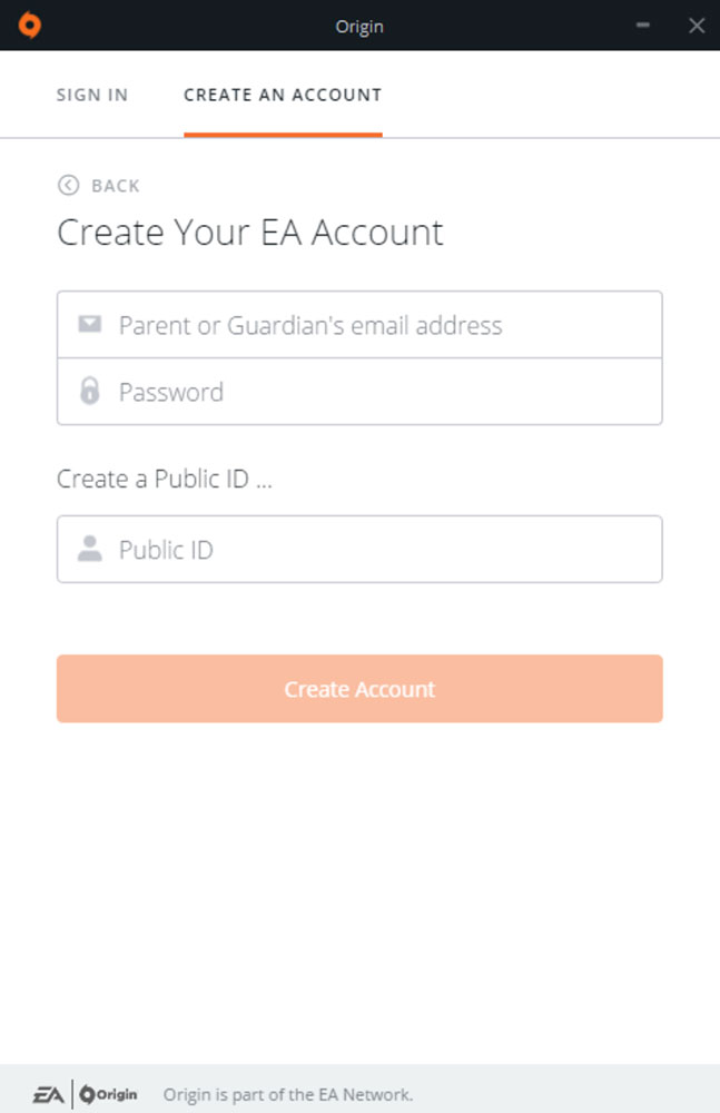 Create an Account submission from the Origin client.
