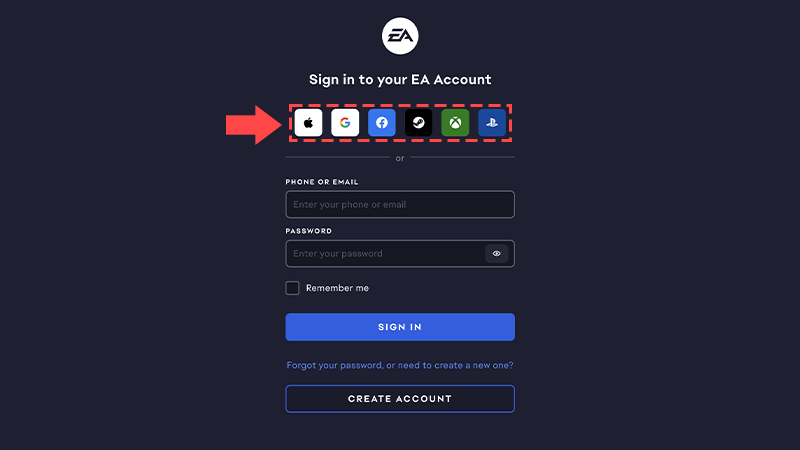 The EA Account sign-in page and a coral border and arrow indicating the platform sign-in buttons.