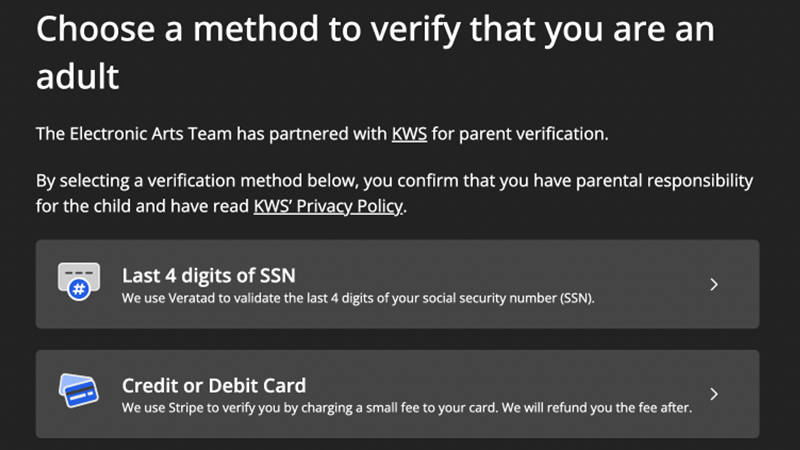 Examples of verification methods for an adult to verify a child's EA Account.