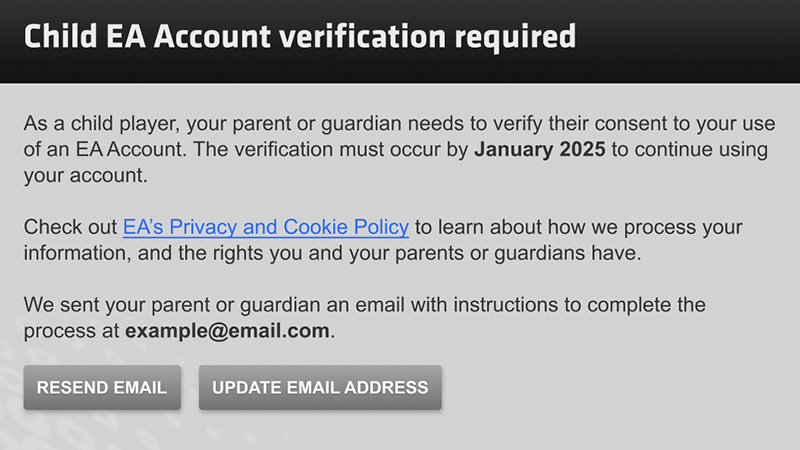 Console screen showing child EA Account verification message. Includes resend or update email options.