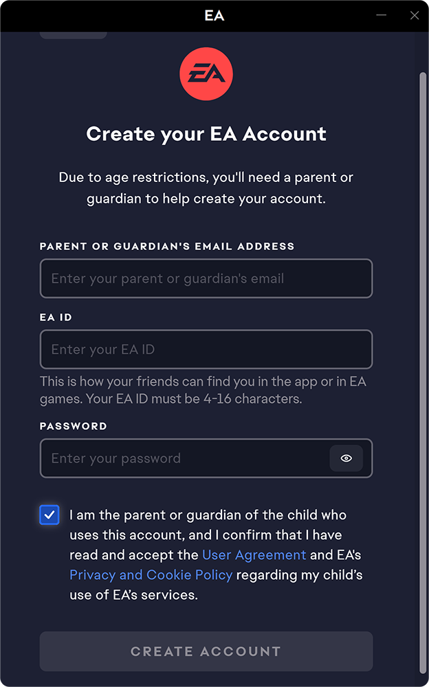 A checkbox to accept the User Agreement and Privacy and Cookie Policy will appear before creating an account.