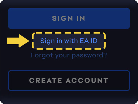 Желтая стрелка указывается на ссылку с текстом «Войти с помощью идентификатора EA».